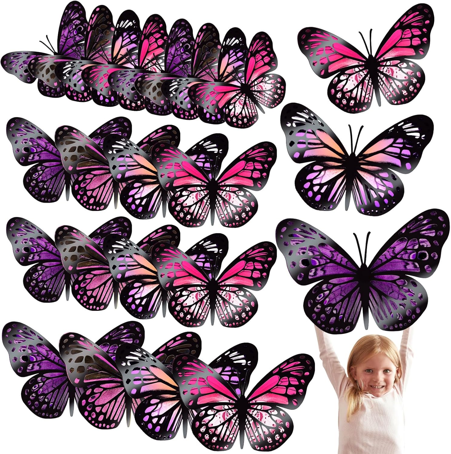 Giant 3D Butterfly Wall Stickers for Party Decor - Set of 20 Paper Butterflies in Purple and Rose Red - Ideal for Birthdays, Baby Showers, and Nurseries