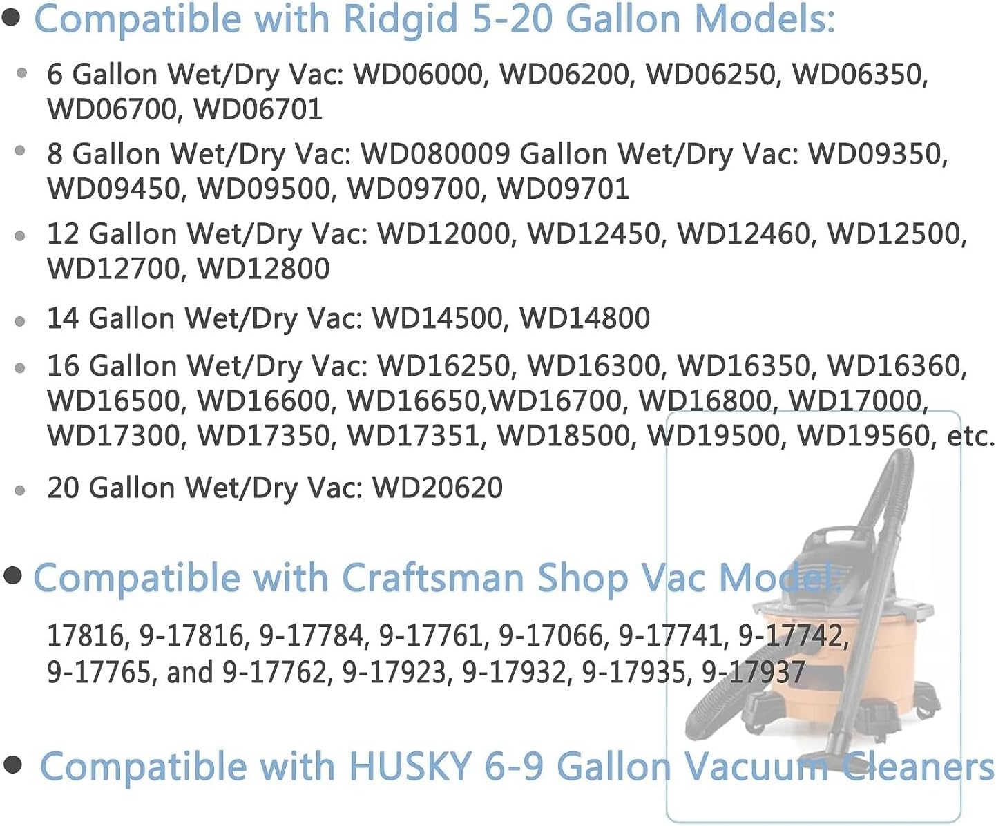 GIBTOOL VF6000 Wet/Dry Replacement Filter for Ridgid & Husky Vacs, 2 Pack - Fits 5-20 Gallon Vacuums WD5500 WD0671 WD6425 WD7000 WD1280 WD1851 WD1680 WD1956 RV2400A 1400RV RV2600B