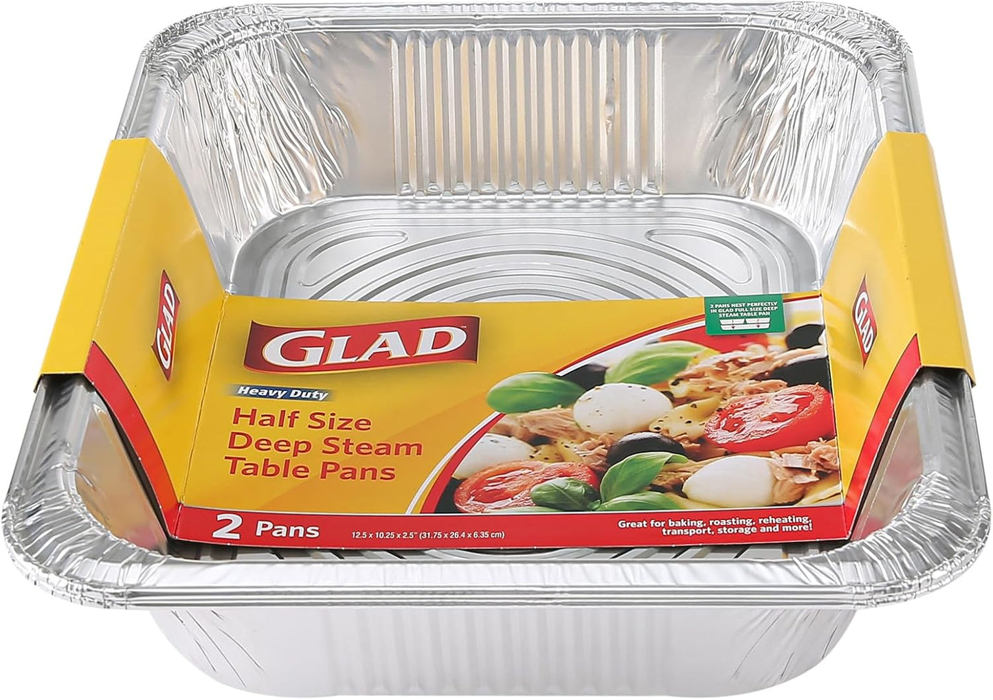 Glad Disposable Aluminum Half Size Deep Steam Pan - 2 Pack - Foil Steam Pan - 12.5” x 10.25” x 2.5” - Disposable Steamware