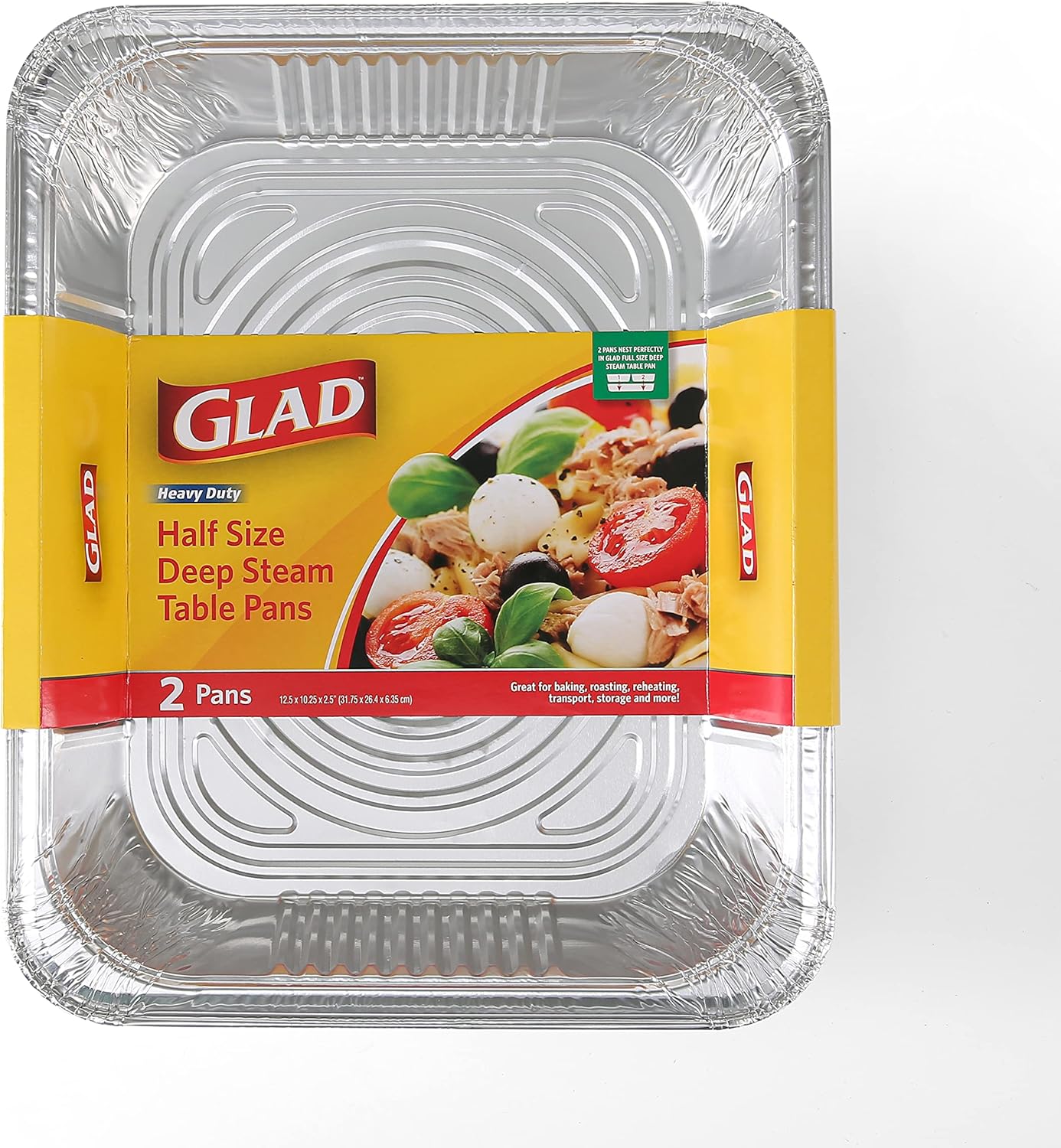 Glad Disposable Aluminum Half Size Deep Steam Pan - 2 Pack - Foil Steam Pan - 12.5” x 10.25” x 2.5” - Disposable Steamware