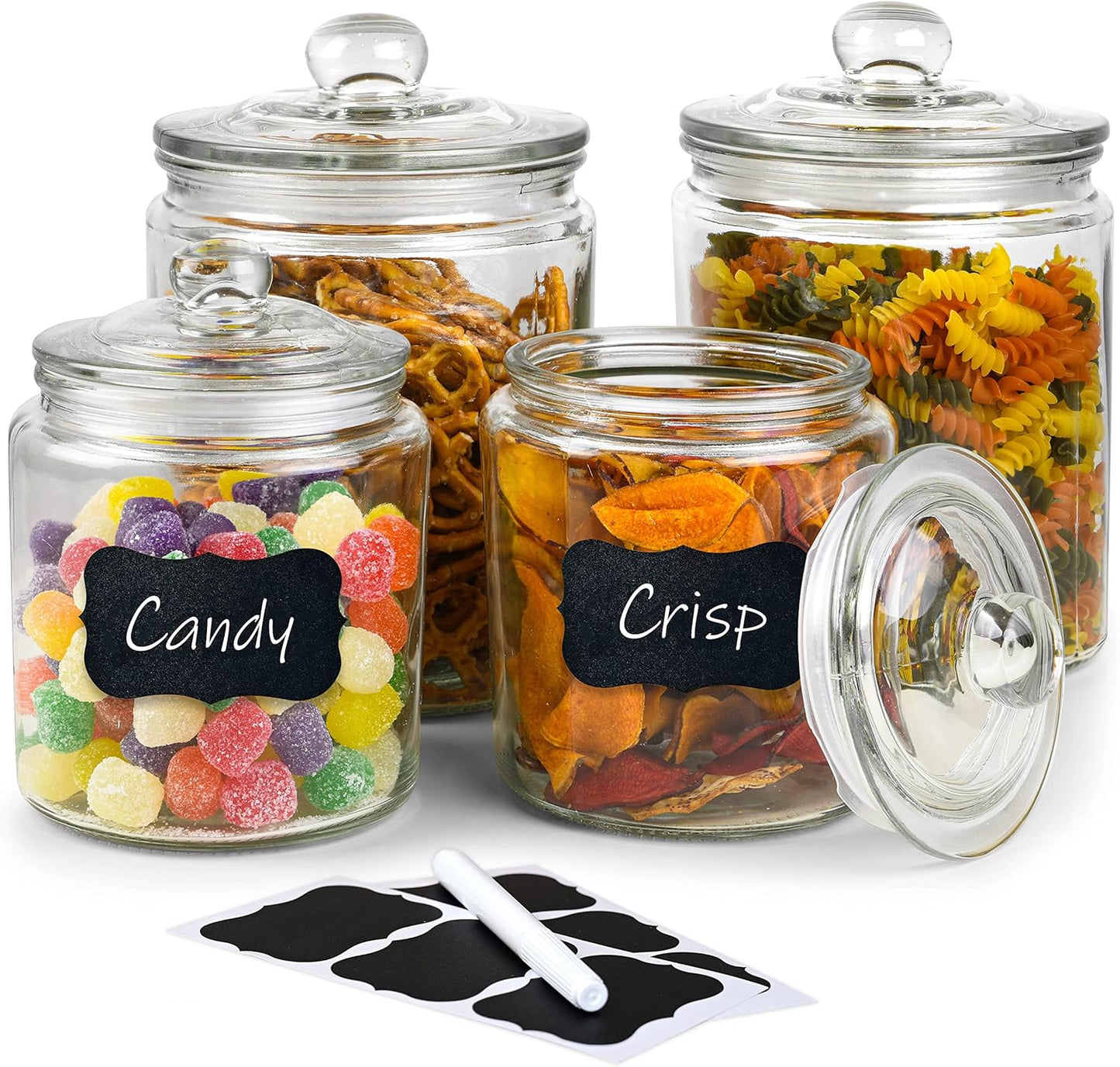 Glass Cookie Jar Set - 2 Half Gallon & 1 Quarter Gallon Apothecary Jars with Lids - Kitchen Canister Set - Glass Candy Canisters - Set of 4