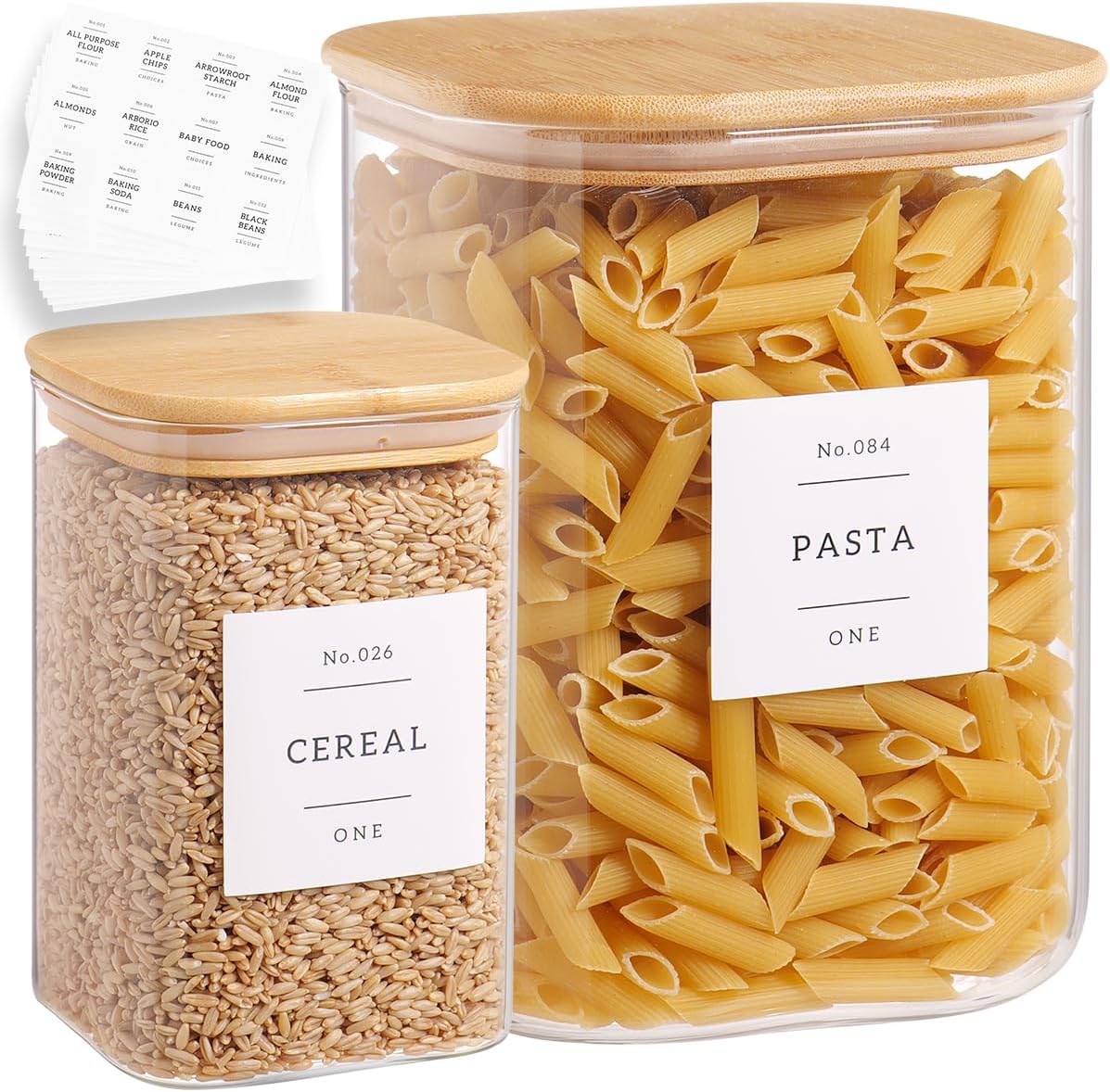 Glass Food Storage Containers Set with 132 Pantry Labels, Airtight Lids - Large Square Jars for Flour, Sugar, Rice, Pasta