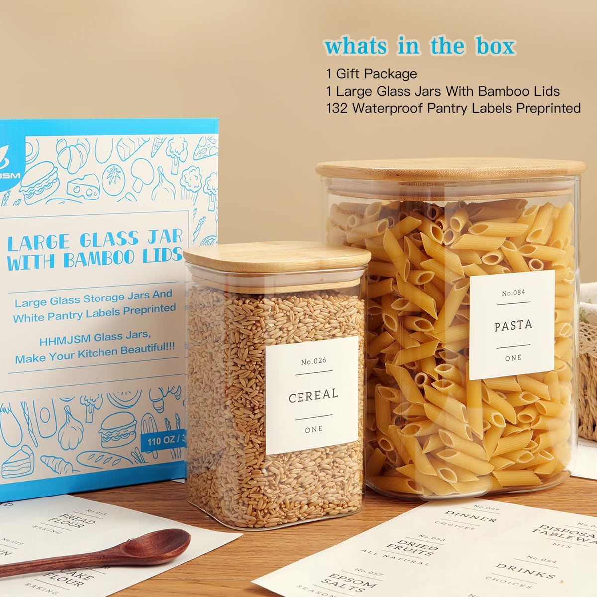 Glass Food Storage Containers Set with 132 Pantry Labels, Airtight Lids - Large Square Jars for Flour, Sugar, Rice, Pasta