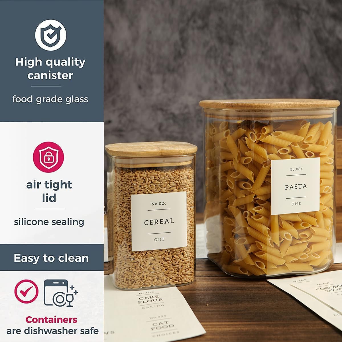 Glass Food Storage Containers Set with 132 Pantry Labels, Airtight Lids - Large Square Jars for Flour, Sugar, Rice, Pasta