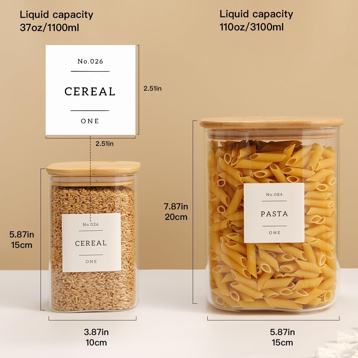 Glass Food Storage Containers Set with 132 Pantry Labels, Airtight Lids - Large Square Jars for Flour, Sugar, Rice, Pasta