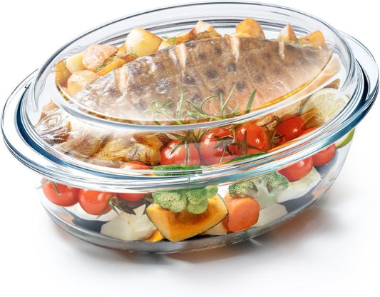 Glass Oval Casserole Dish with Lid and Handles, Covered Baking Bowl Cookware Set (3.4 QT)