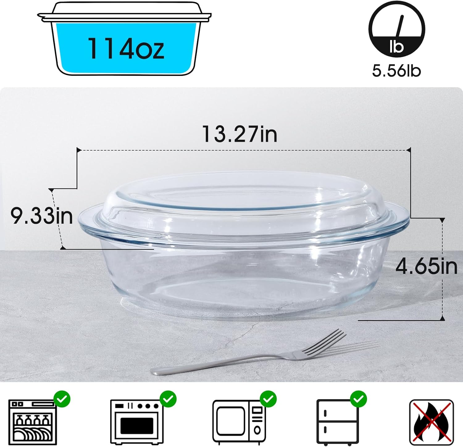 Glass Oval Casserole Dish with Lid and Handles, Covered Baking Bowl Cookware Set (3.4 QT)
