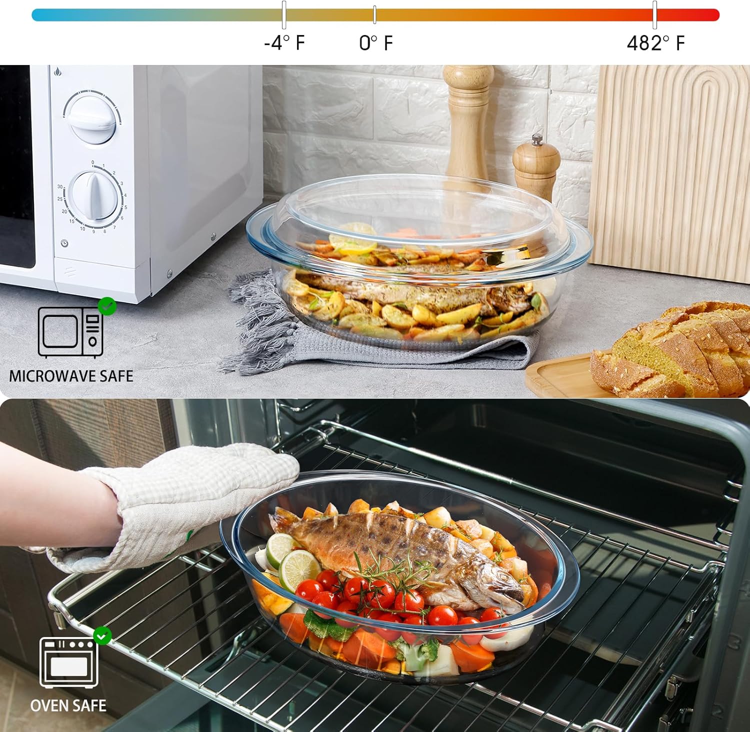 Glass Oval Casserole Dish with Lid and Handles, Covered Baking Bowl Cookware Set (3.4 QT)