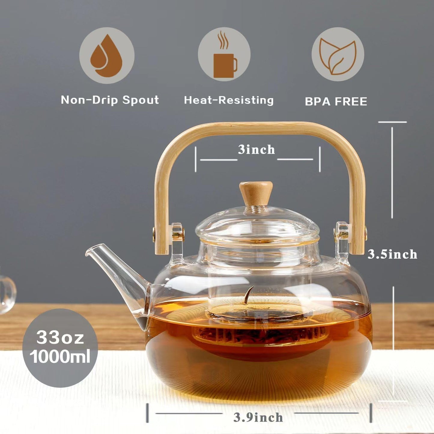 Glass Tea Kettle with Removable Infuser, Stovetop Safe, 1000 ml Teapot for Loose Tea - Perfect Gift for Women and Adults