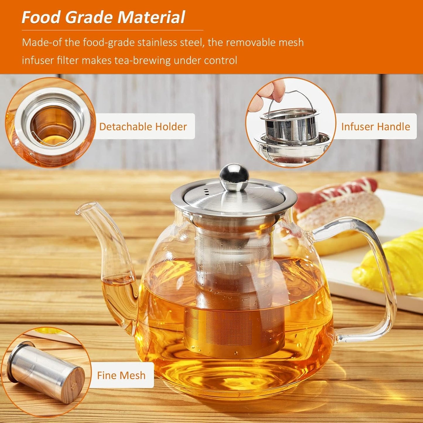 Glass Tea Kettle with Stainless Steel Infuser - 42oz/1250ml, Stovetop & Microwave Safe - Ideal for Blooming and Loose Leaf Tea - Tea Maker's Favorite