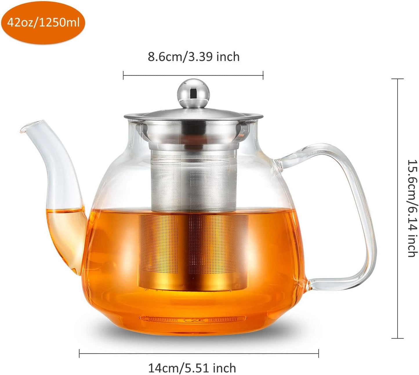 Glass Tea Kettle with Stainless Steel Infuser - 42oz/1250ml, Stovetop & Microwave Safe - Ideal for Blooming and Loose Leaf Tea - Tea Maker's Favorite