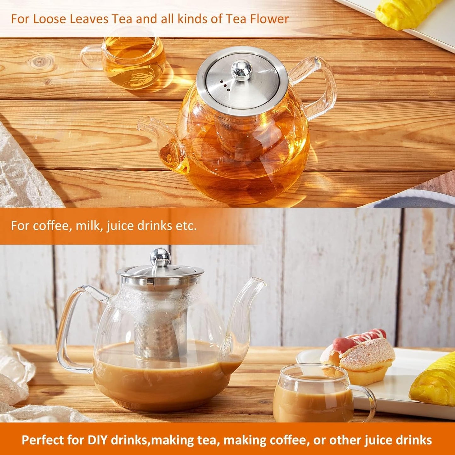 Glass Tea Kettle with Stainless Steel Infuser - 42oz/1250ml, Stovetop & Microwave Safe - Ideal for Blooming and Loose Leaf Tea - Tea Maker's Favorite