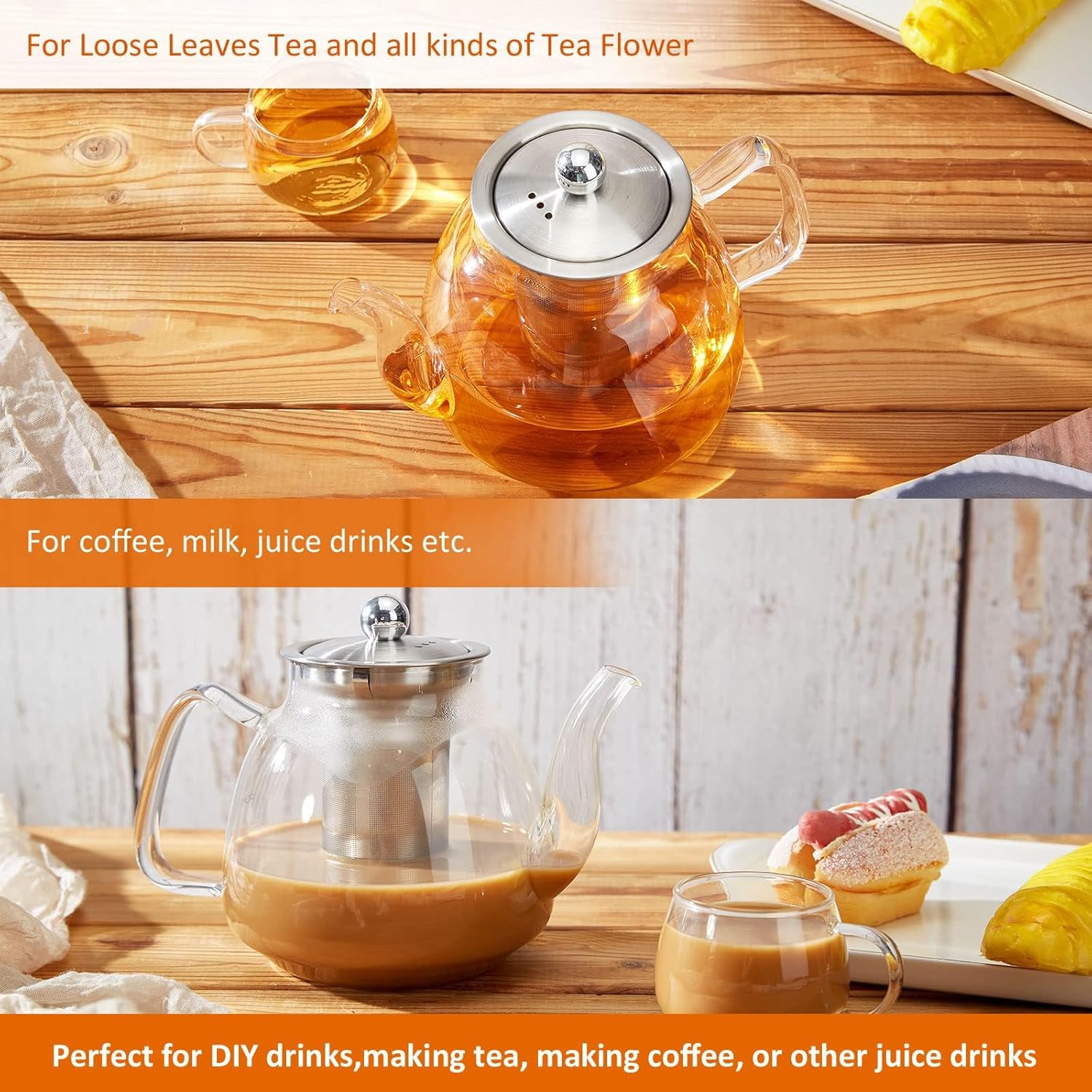 Glass Tea Kettle with Stainless Steel Infuser - 42oz/1250ml, Stovetop & Microwave Safe - Ideal for Blooming and Loose Leaf Tea - Tea Maker's Favorite