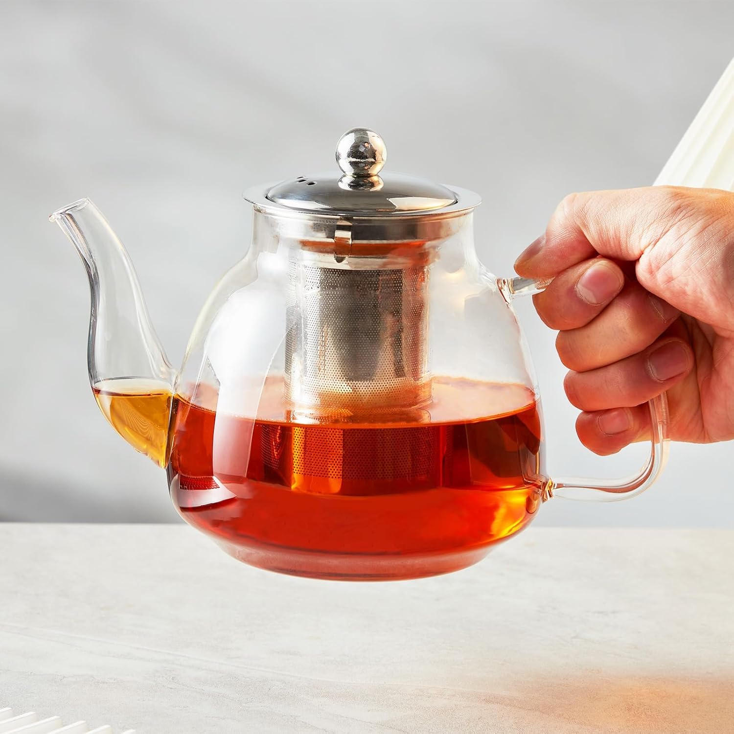 Glass Tea Kettle with Stainless Steel Infuser - 42oz/1250ml, Stovetop & Microwave Safe - Ideal for Blooming and Loose Leaf Tea - Tea Maker's Favorite