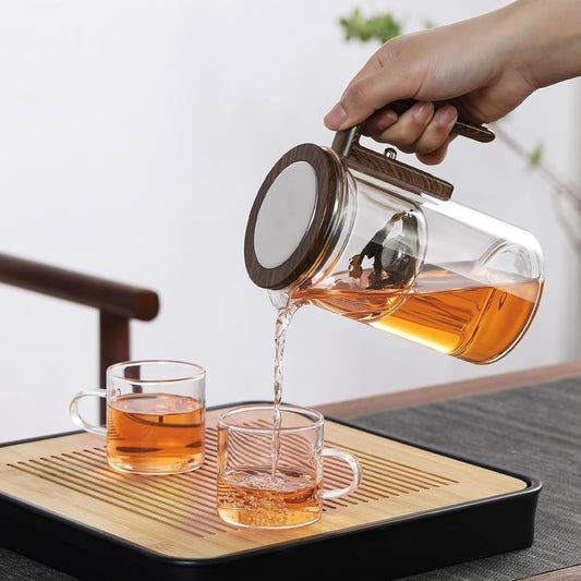 Glass Tea Pot with Removable Infuser and Wooden Handle - Magnetic Tea Brewer for Water Separation - 800ml Tea Kettle with Strainer