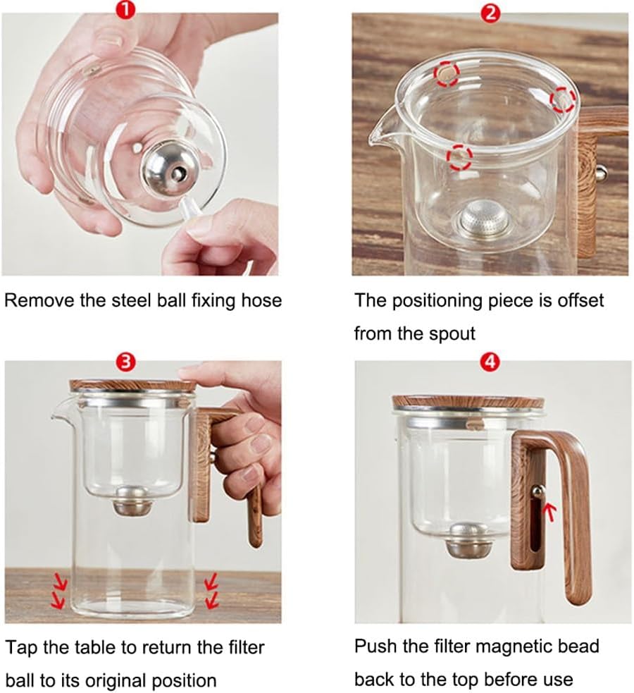 Glass Tea Pot with Removable Infuser and Wooden Handle - Magnetic Tea Brewer for Water Separation - 800ml Tea Kettle with Strainer
