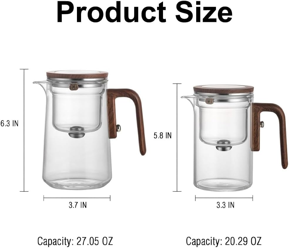 Glass Tea Pot with Removable Infuser and Wooden Handle - Magnetic Tea Brewer for Water Separation - 800ml Tea Kettle with Strainer