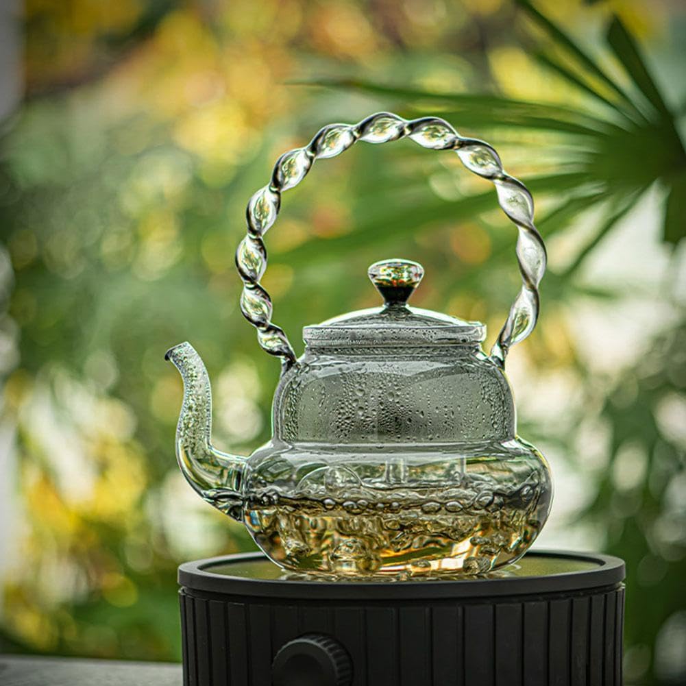 Glass Teapot with Infuser for Stovetop Safe Brewing - 34 fl oz Tea Kettle for Blooming and Loose Leaf Tea - Heat-Resistant Borosilicate Glass - Includes Steaming and Boiling Infuser