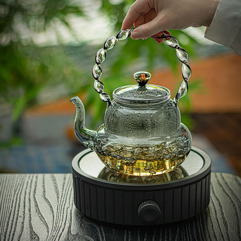 Glass Teapot with Infuser for Stovetop Safe Brewing - 34 fl oz Tea Kettle for Blooming and Loose Leaf Tea - Heat-Resistant Borosilicate Glass - Includes Steaming and Boiling Infuser