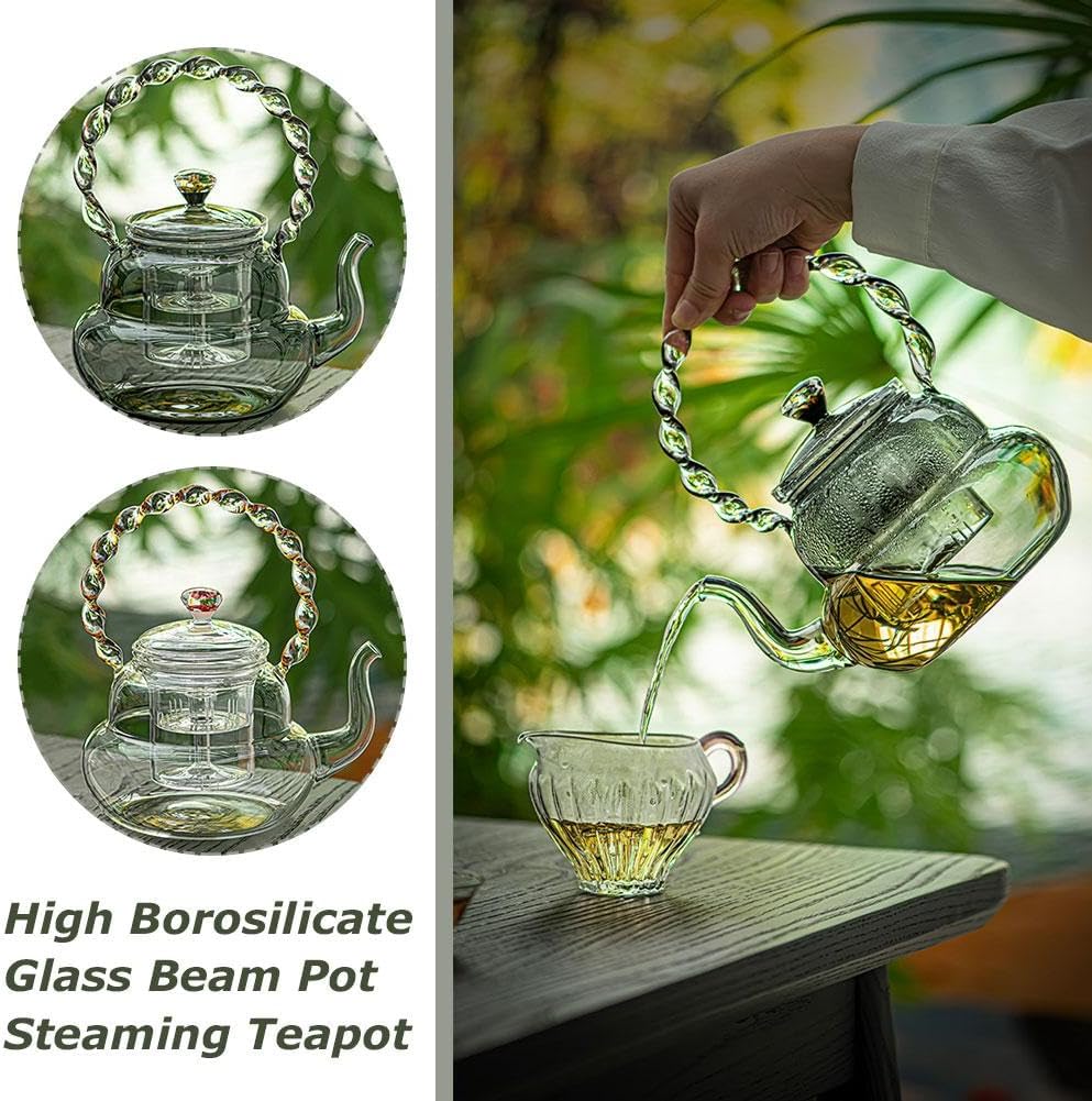 Glass Teapot with Infuser for Stovetop Safe Brewing - 34 fl oz Tea Kettle for Blooming and Loose Leaf Tea - Heat-Resistant Borosilicate Glass - Includes Steaming and Boiling Infuser