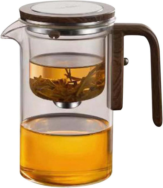 Glass Teapot with One-Touch Infuser and Wood Handle - 2-in-1 Tea Kettle and Maker for Brewing and Serving Tea (520ml)