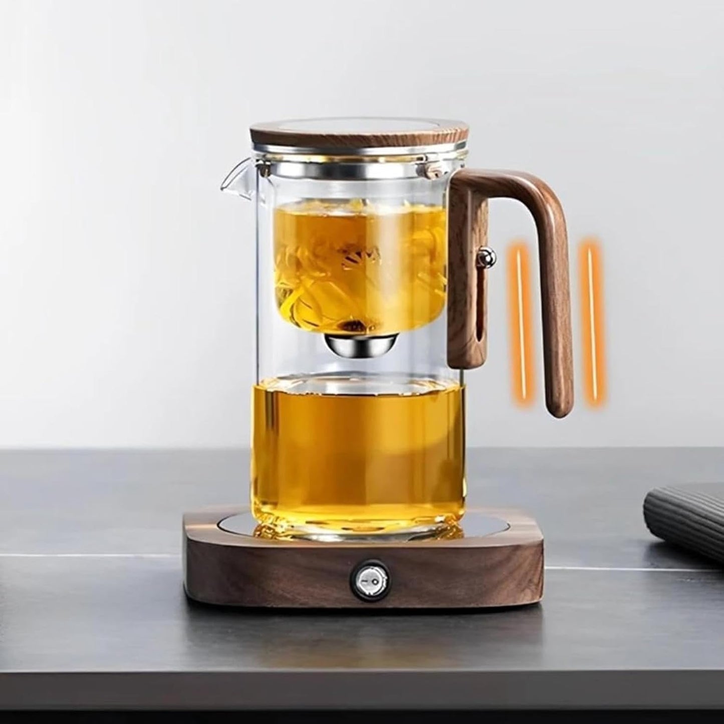 Glass Teapot with One-Touch Infuser and Wood Handle - 2-in-1 Tea Kettle and Maker for Brewing and Serving Tea (520ml)