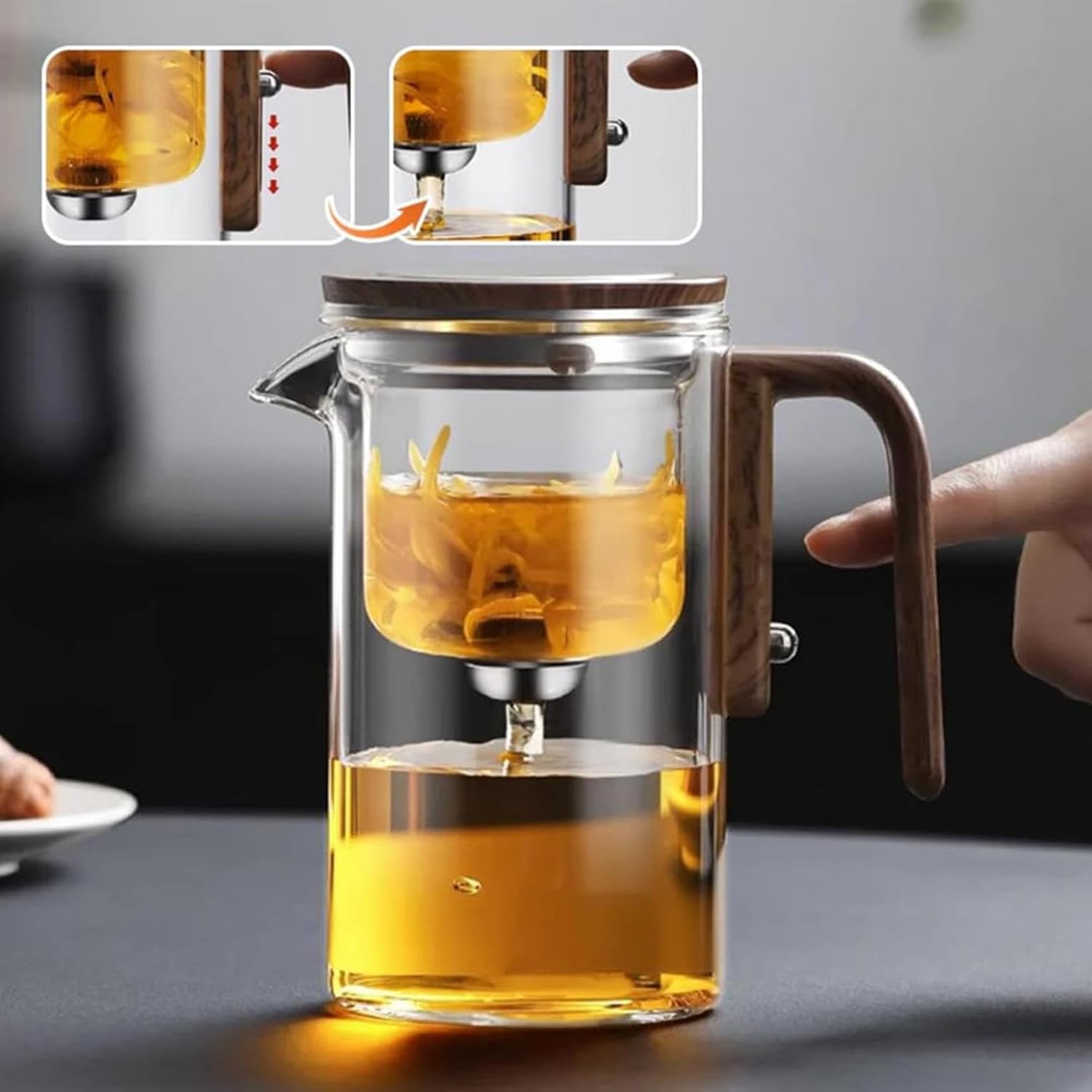 Glass Teapot with One-Touch Infuser and Wood Handle - 2-in-1 Tea Kettle and Maker for Brewing and Serving Tea (520ml)