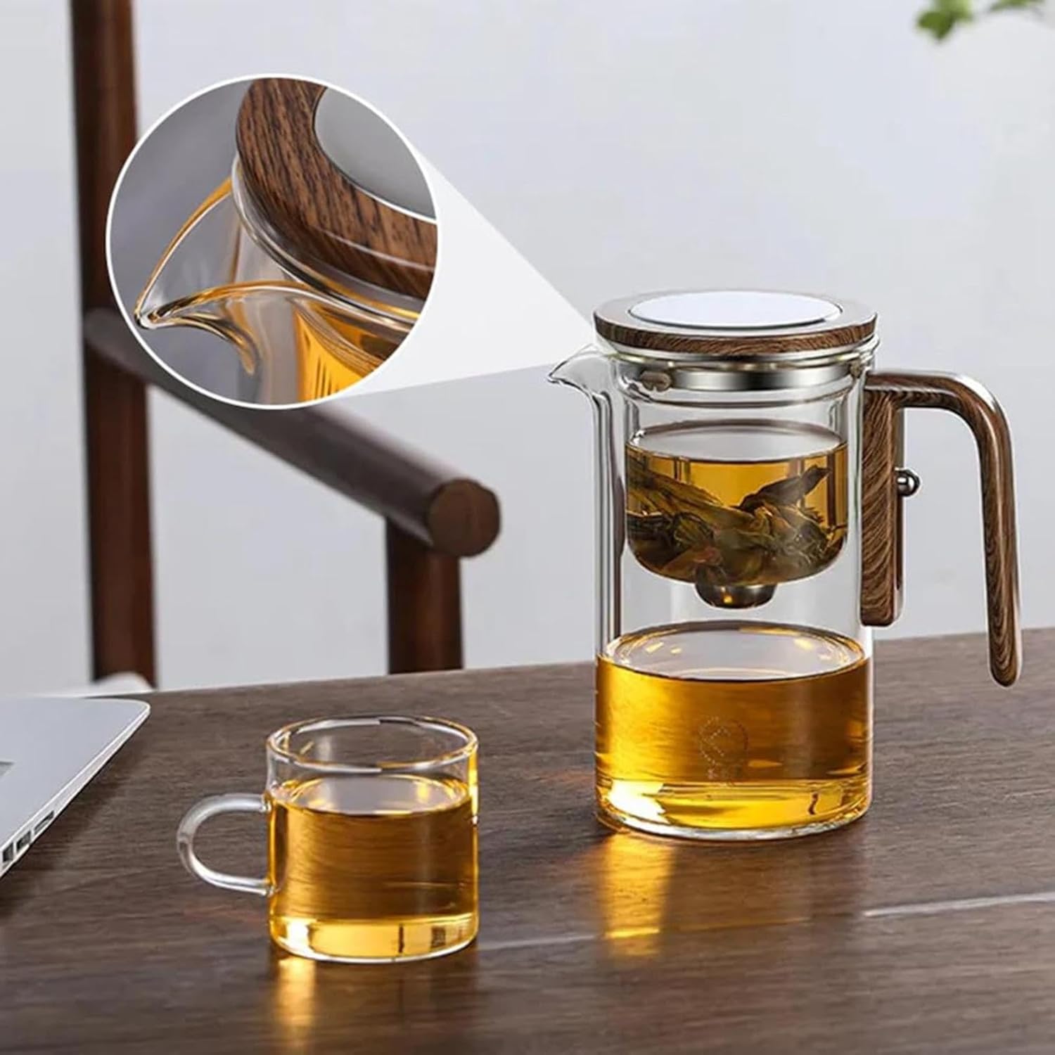 Glass Teapot with One-Touch Infuser and Wood Handle - 2-in-1 Tea Kettle and Maker for Brewing and Serving Tea (520ml)
