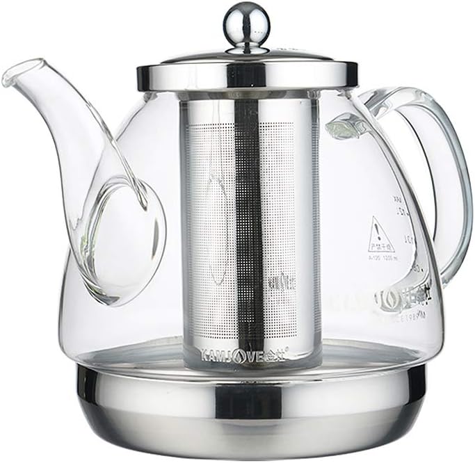 Glass Teapot with Stainless Steel Filter for Induction Cookers - Heat Resistant Kettle with Flower Design