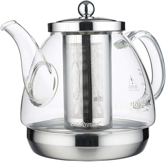 Glass Teapot with Stainless Steel Filter for Induction Cookers - Heat Resistant Kettle with Flower Design