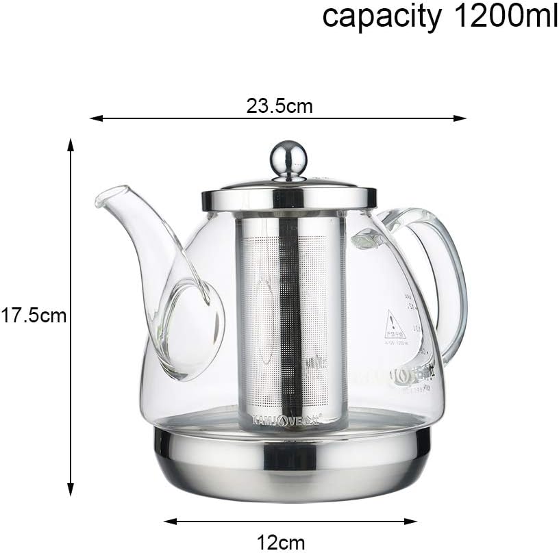 Glass Teapot with Stainless Steel Filter for Induction Cookers - Heat Resistant Kettle with Flower Design
