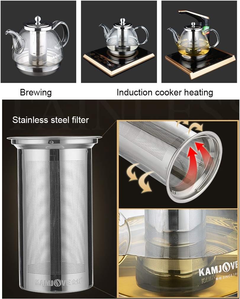 Glass Teapot with Stainless Steel Filter for Induction Cookers - Heat Resistant Kettle with Flower Design