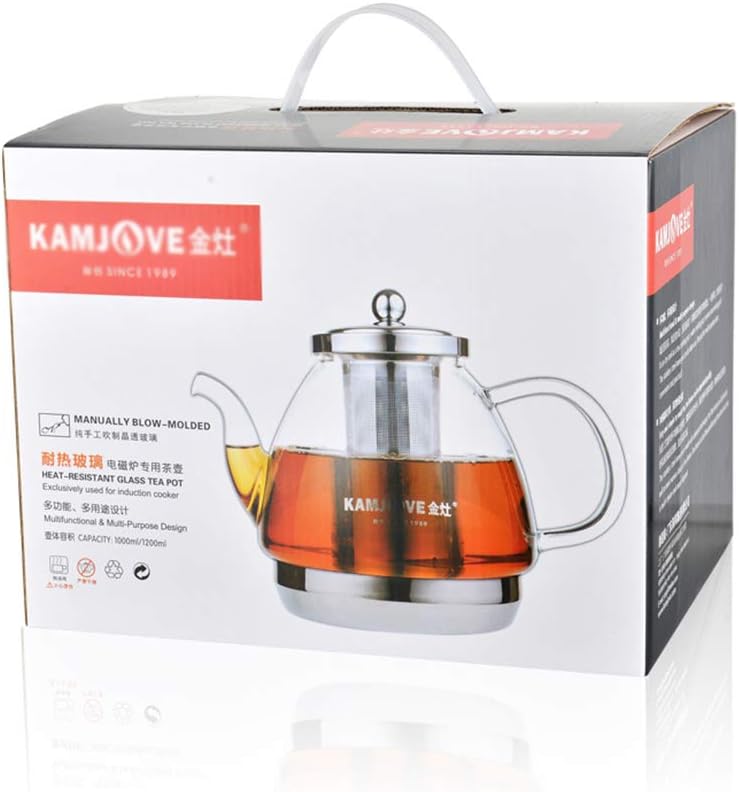 Glass Teapot with Stainless Steel Filter for Induction Cookers - Heat Resistant Kettle with Flower Design