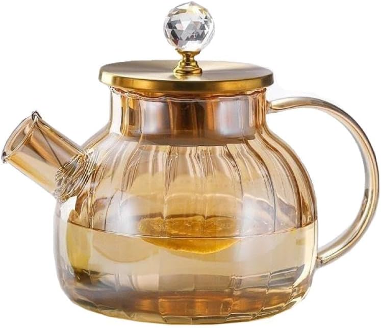 Glass Teapot with Stripe Design, High Borosilicate Pumpkin Coffee & Tea Pot with Filterable Lid - 1000ml