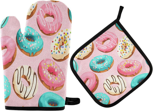 Glazed Donuts Seamless Oven Mitts and Pot Holders Set for Cooking and BBQ - Heat Resistant Kitchen Gloves