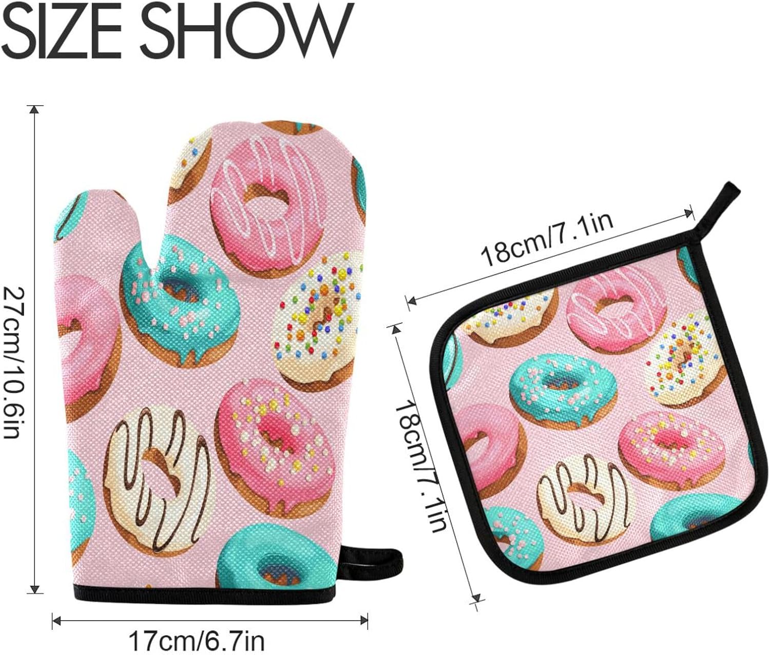Glazed Donuts Seamless Oven Mitts and Pot Holders Set for Cooking and BBQ - Heat Resistant Kitchen Gloves