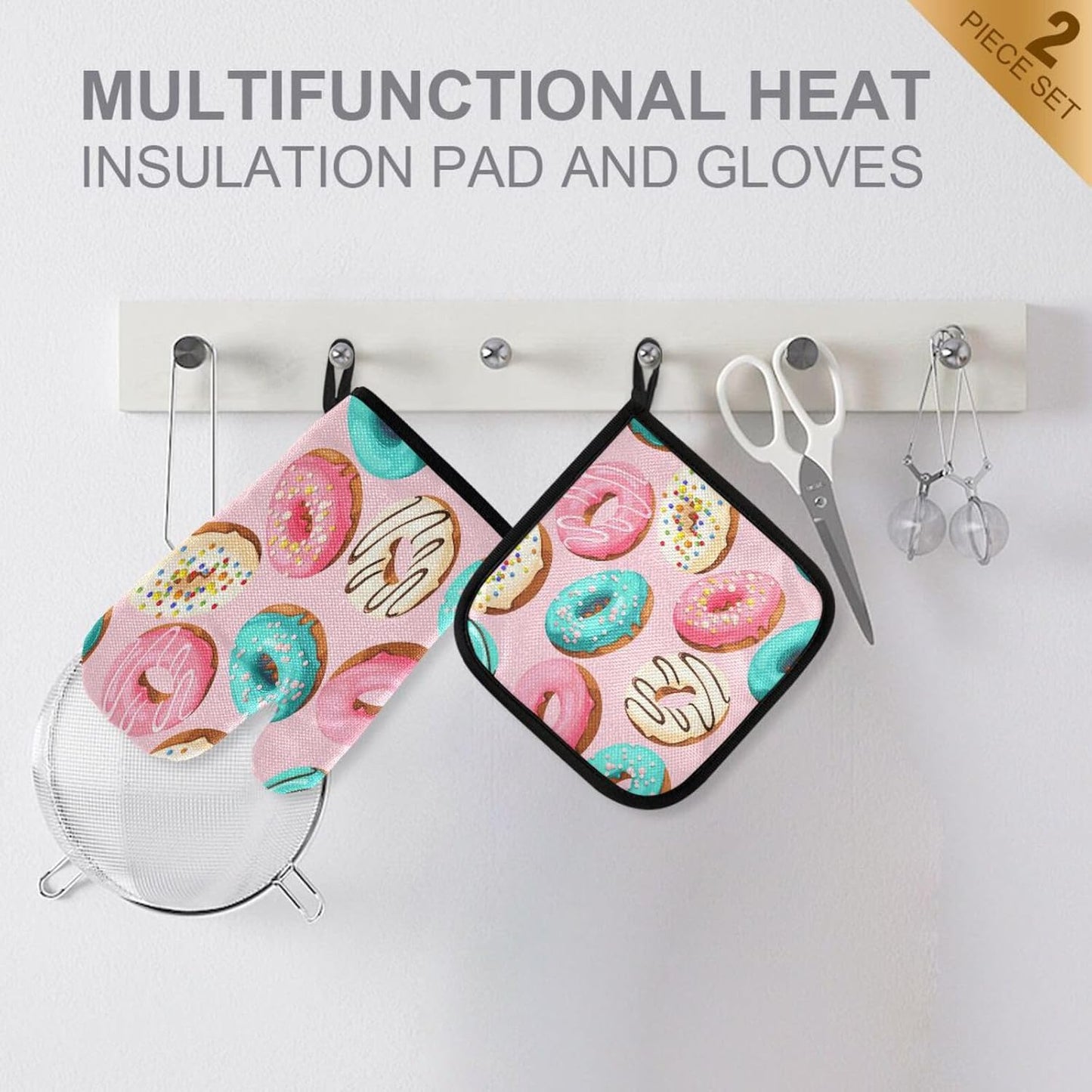 Glazed Donuts Seamless Oven Mitts and Pot Holders Set for Cooking and BBQ - Heat Resistant Kitchen Gloves