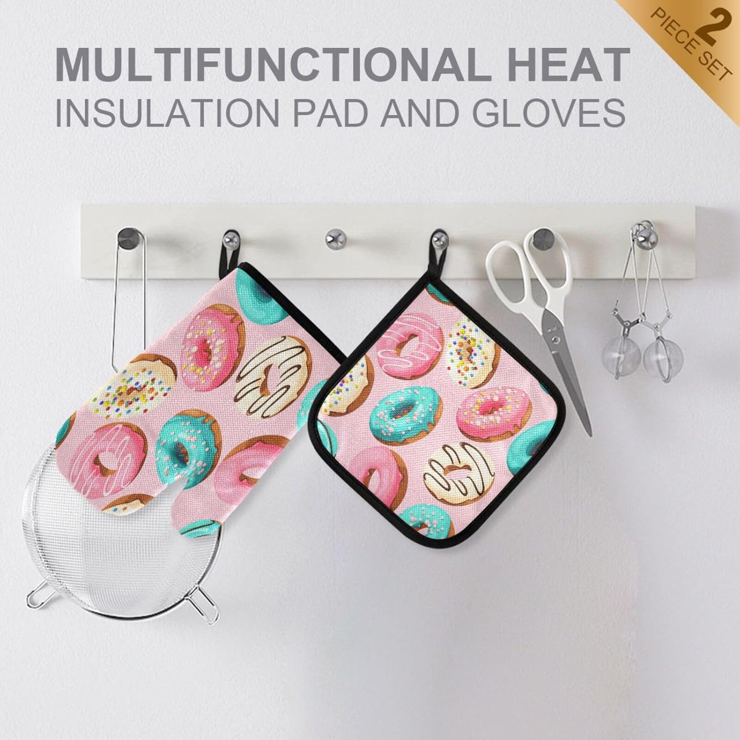 Glazed Donuts Seamless Oven Mitts and Pot Holders Set for Cooking and BBQ - Heat Resistant Kitchen Gloves