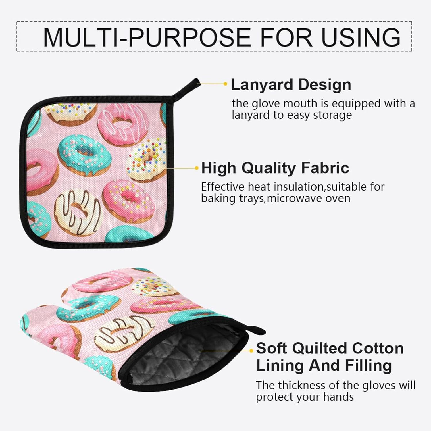 Glazed Donuts Seamless Oven Mitts and Pot Holders Set for Cooking and BBQ - Heat Resistant Kitchen Gloves
