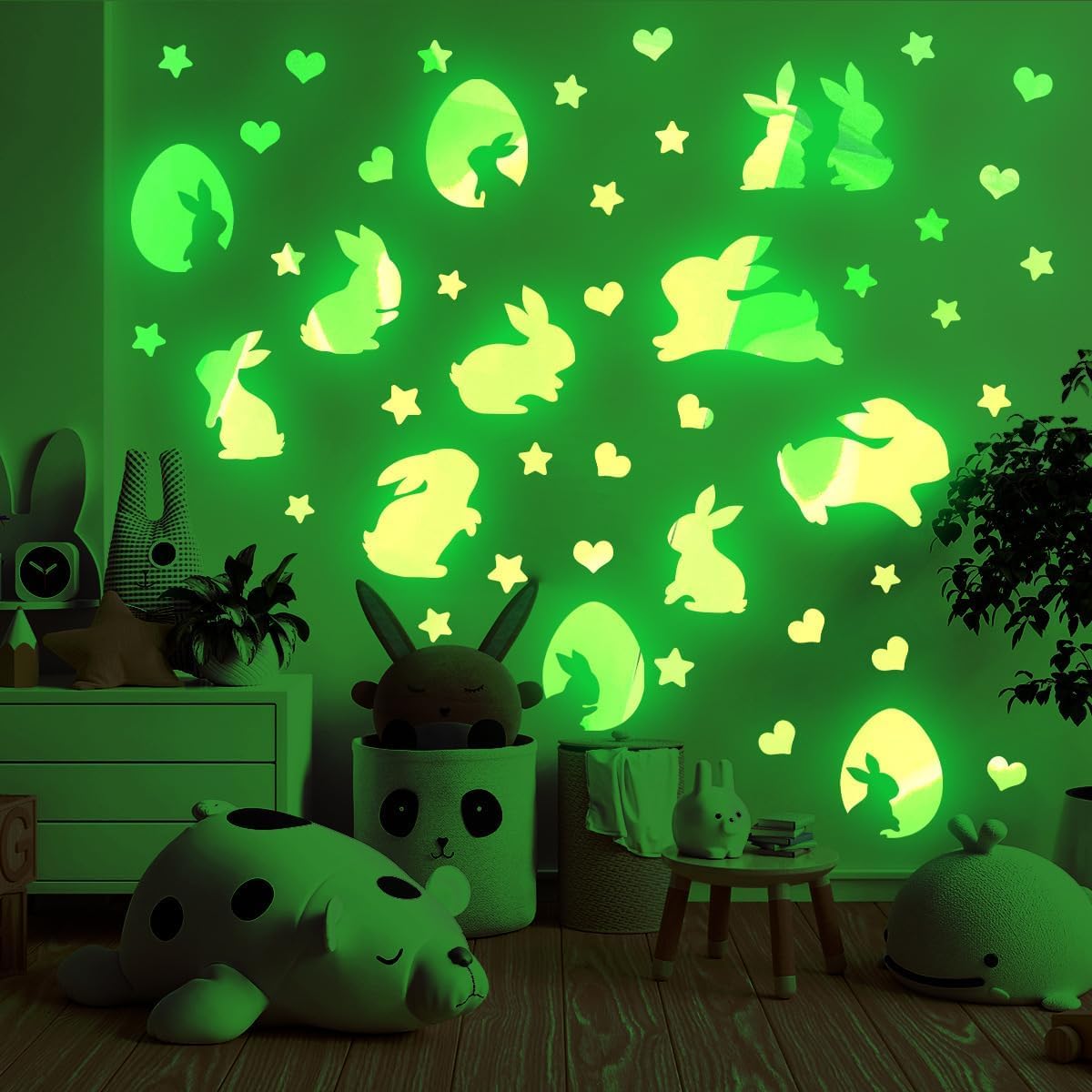 Glow in The Dark Easter Bunny Wall Decals - Cute Luminous Bunny Eggs Stickers for Spring Party Decor