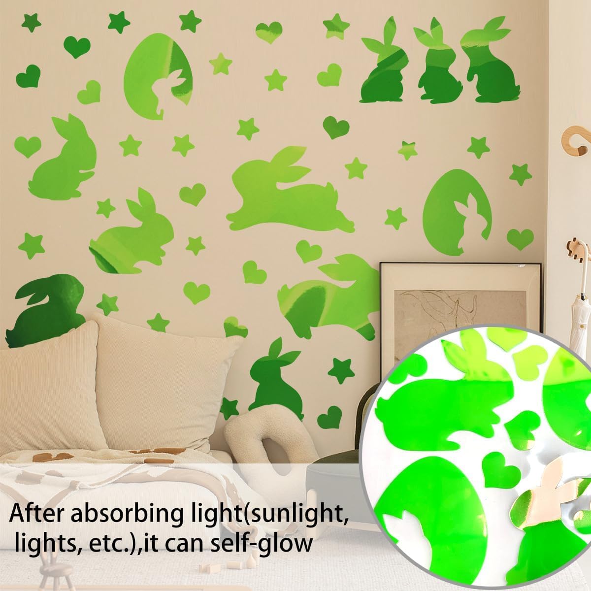 Glow in The Dark Easter Bunny Wall Decals - Cute Luminous Bunny Eggs Stickers for Spring Party Decor
