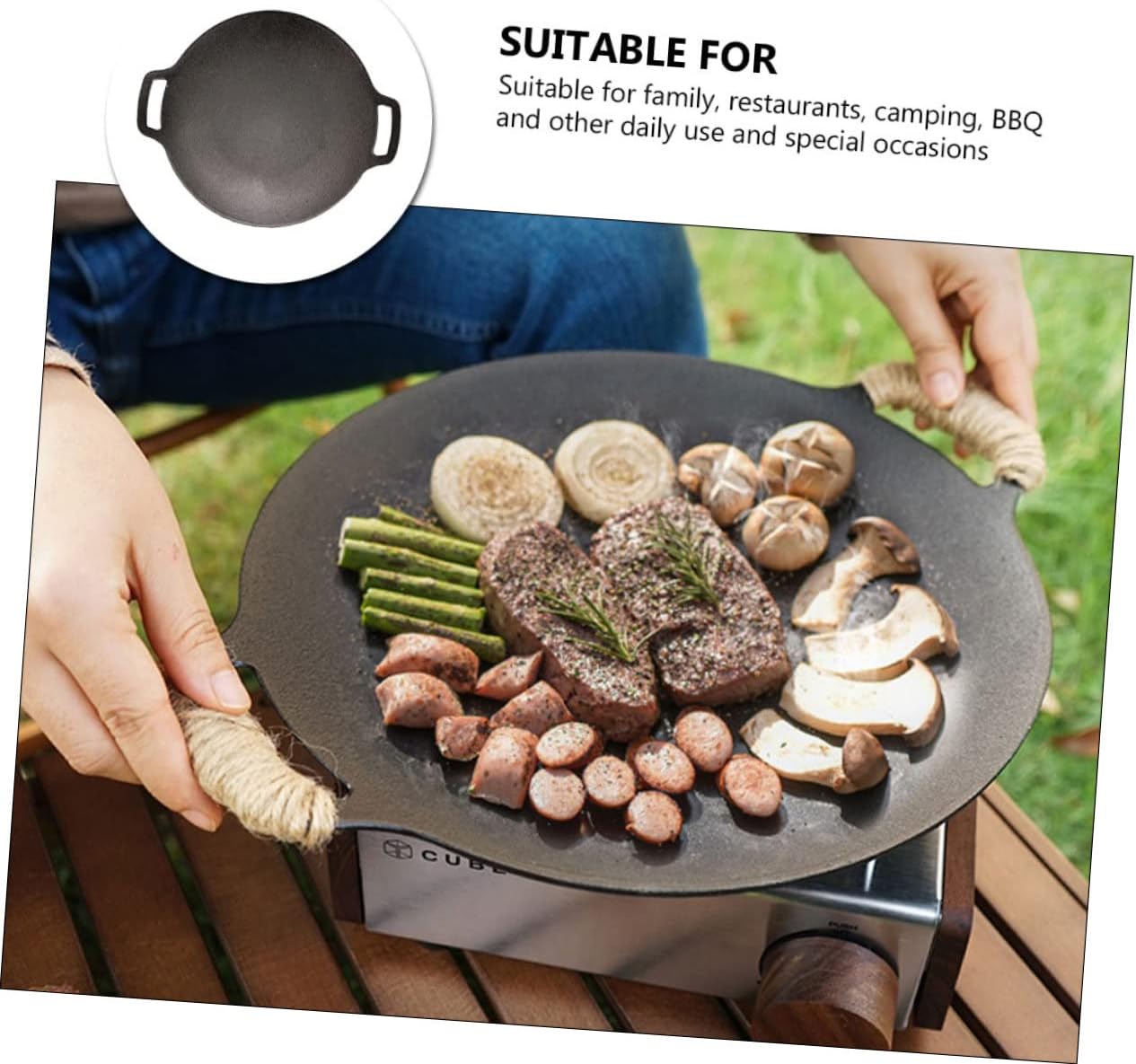 Gogogmee Even Heat Cast Iron Grill Pan for Camping - Easy to Clean Korean BBQ Grilled Disk