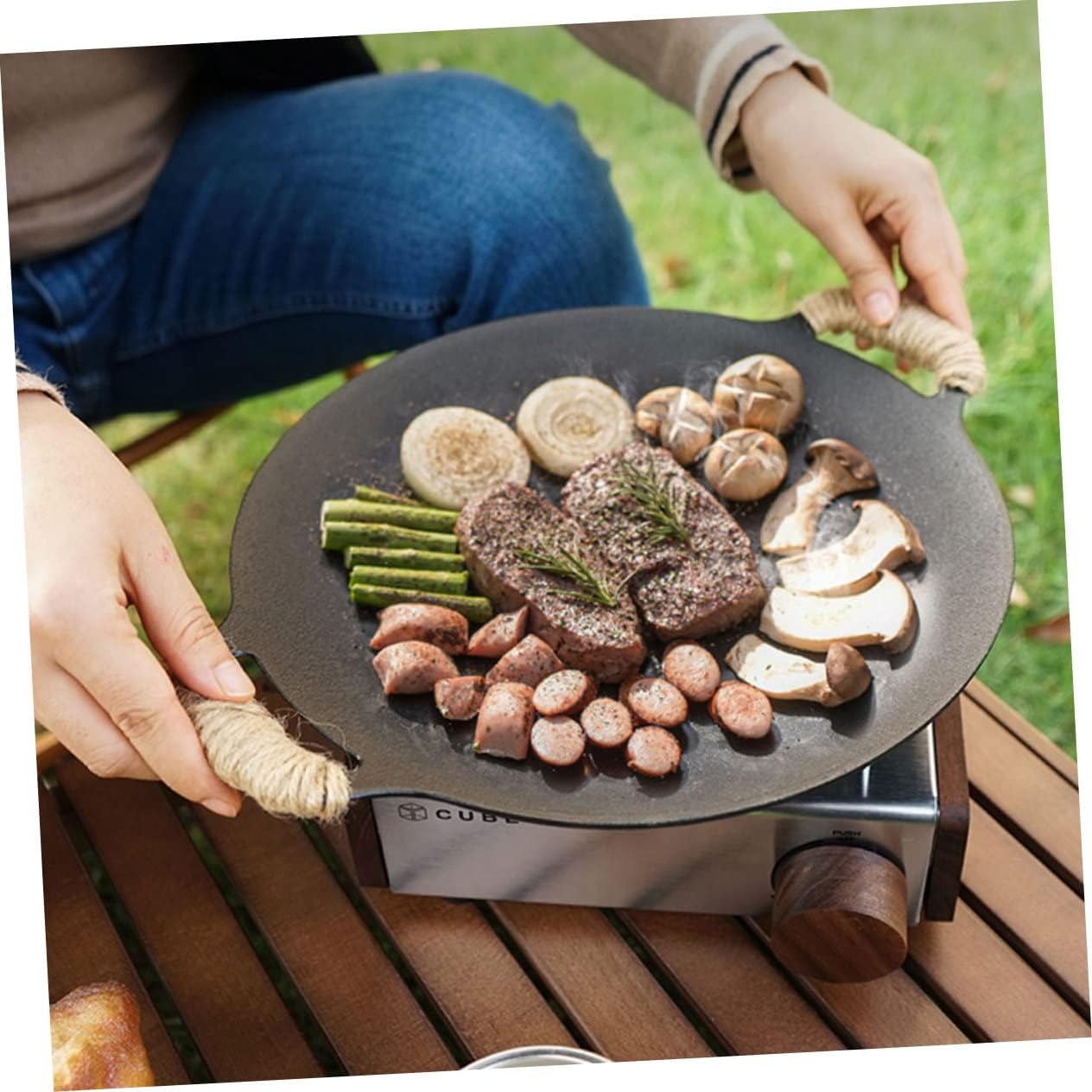 Gogogmee Even Heat Cast Iron Grill Pan for Camping - Easy to Clean Korean BBQ Grilled Disk