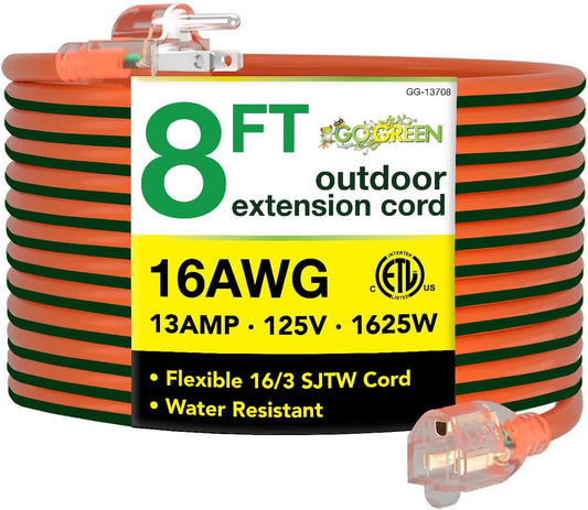 GoGreen GG-13708 16/3 Heavy Duty Extension Cord - 8 ft - Orange by Go Green Power Inc.