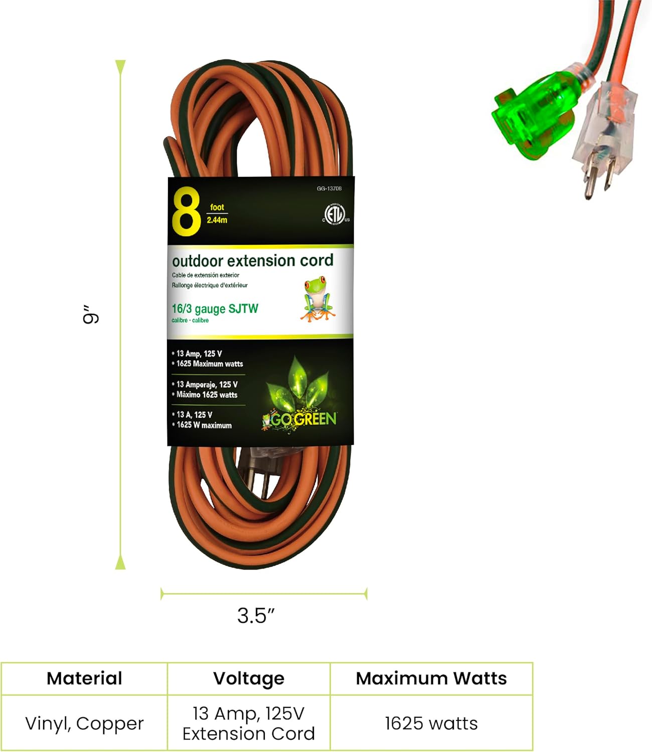 GoGreen GG-13708 16/3 Heavy Duty Extension Cord - 8 ft - Orange by Go Green Power Inc.
