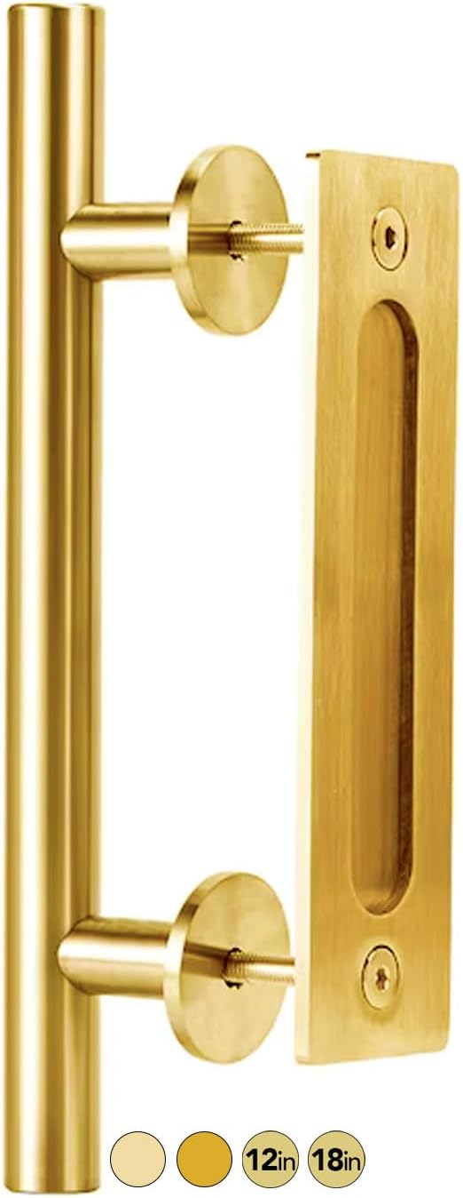 Gold 12-Inch Barn Door Handle Kit - Solid Aluminum Brass Finish - Large Sliding Door Handles - Closet Hardware - Flush Pull Handle - 1-Pack