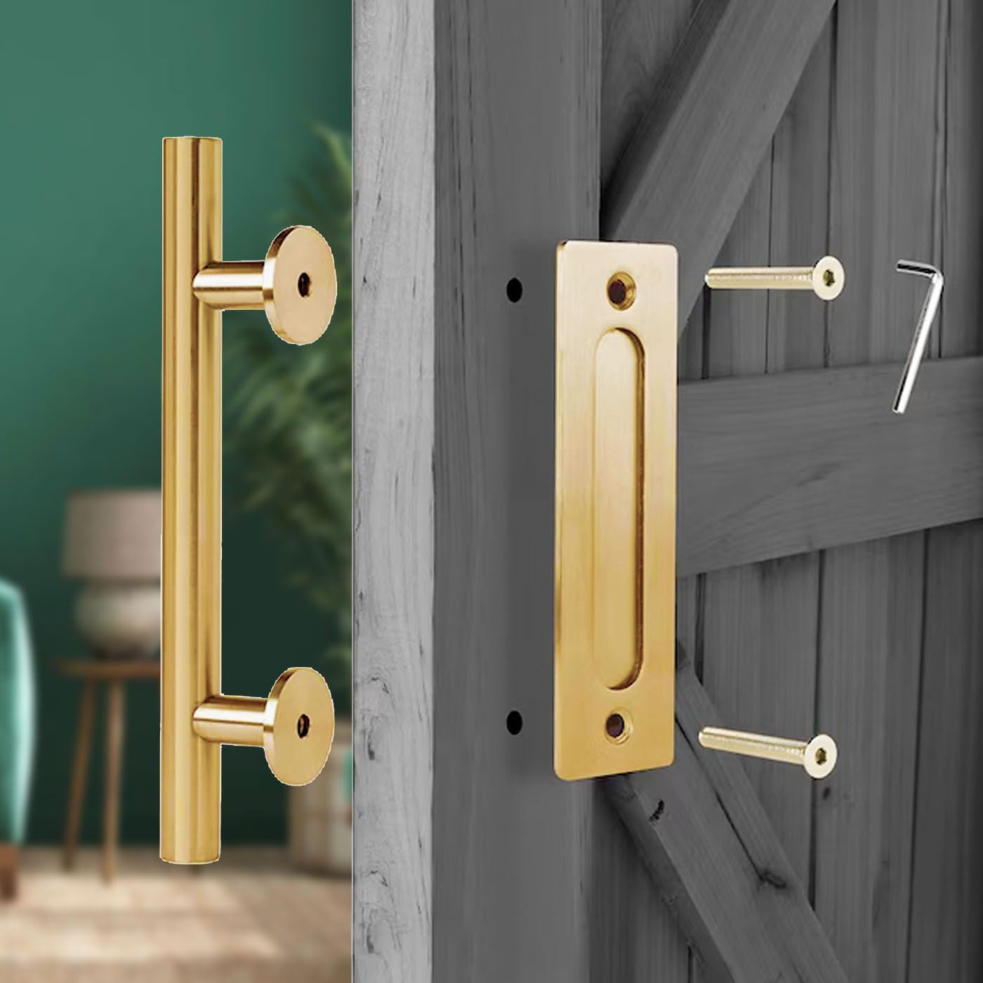 Gold 12-Inch Barn Door Handle Kit - Solid Aluminum Brass Finish - Large Sliding Door Handles - Closet Hardware - Flush Pull Handle - 1-Pack
