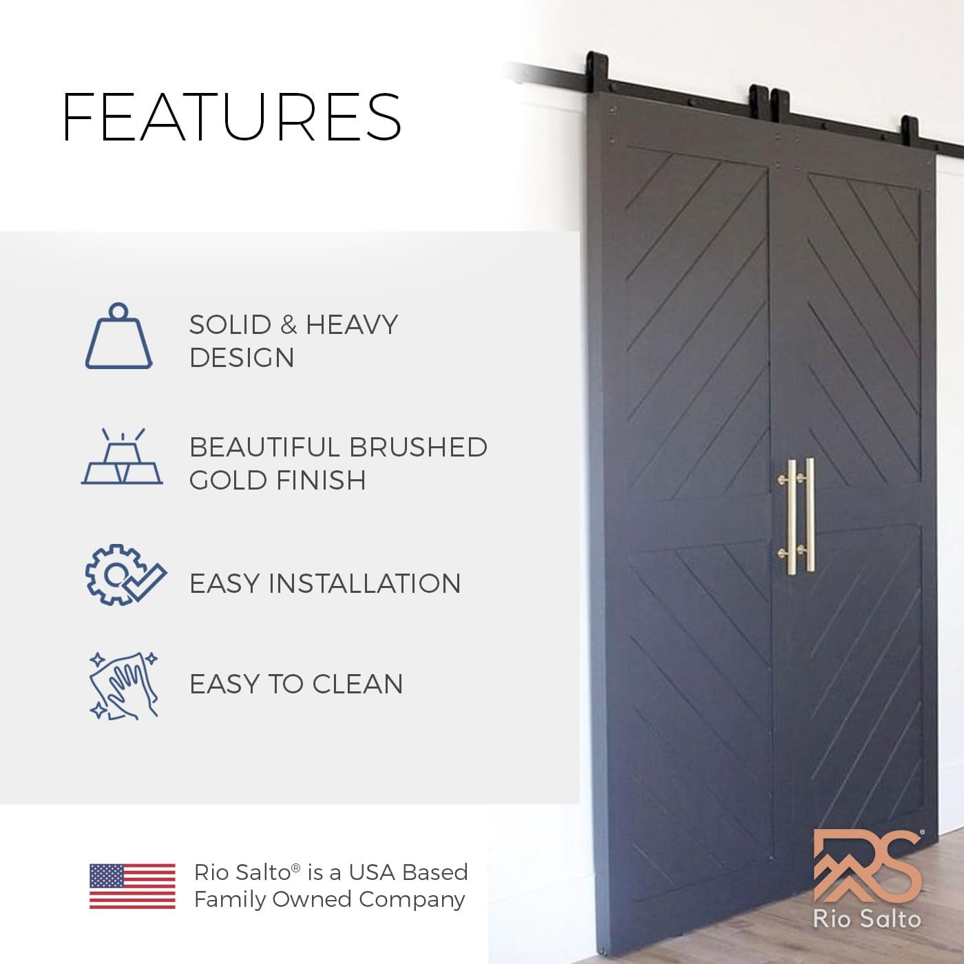 Gold 12-Inch Barn Door Handle Kit - Solid Aluminum Brass Finish - Large Sliding Door Handles - Closet Hardware - Flush Pull Handle - 1-Pack