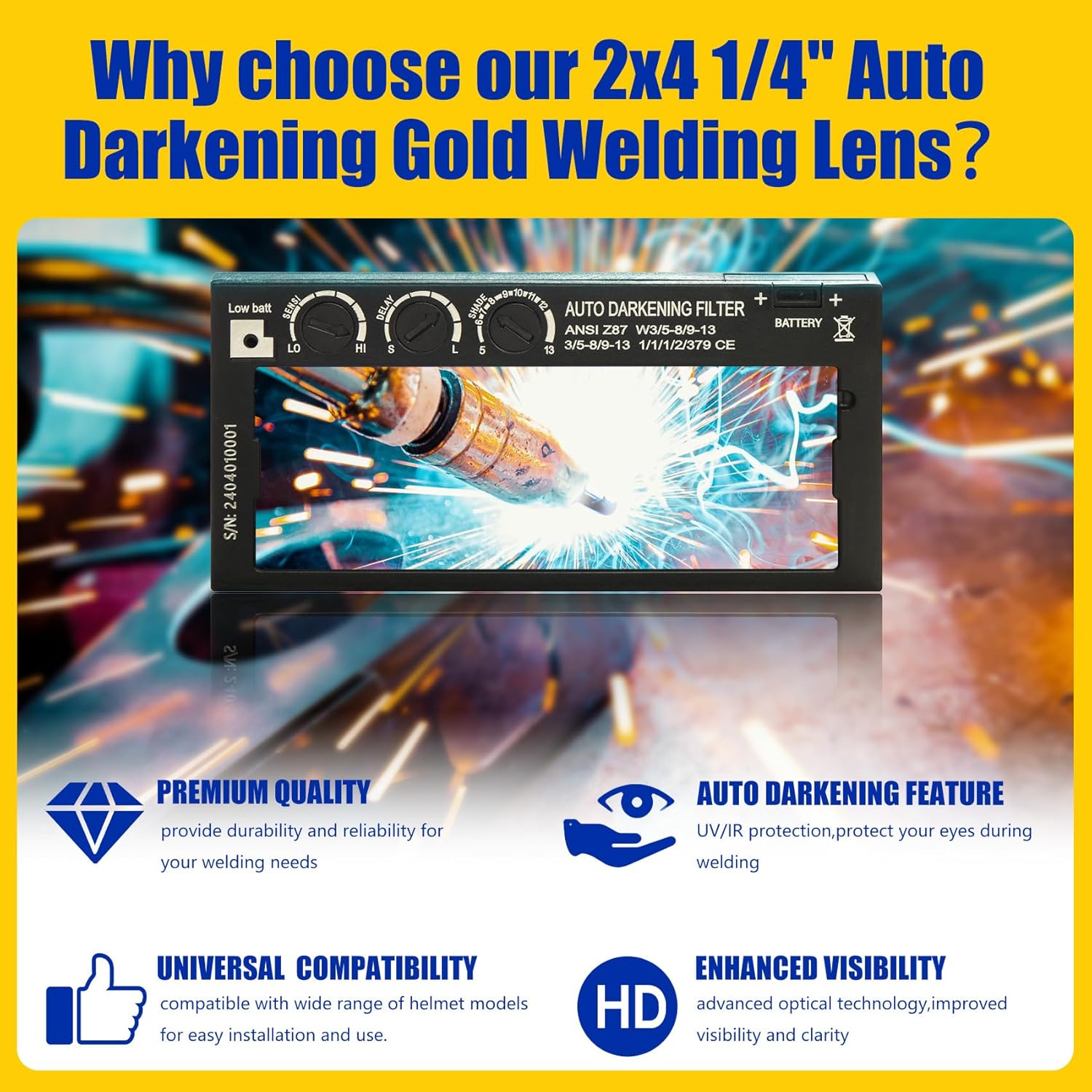 Gold Adjustable Shade 5-13 Auto Darkening Welding Lens with True Color Technology, Solar Charging - Ideal for Standard Welding Hood