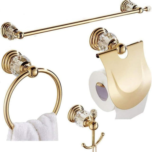 Gold Bathroom Hardware Set with Crystal Accents - Towel Bar, Paper Holder, Hook, Ring, Wall Mounted